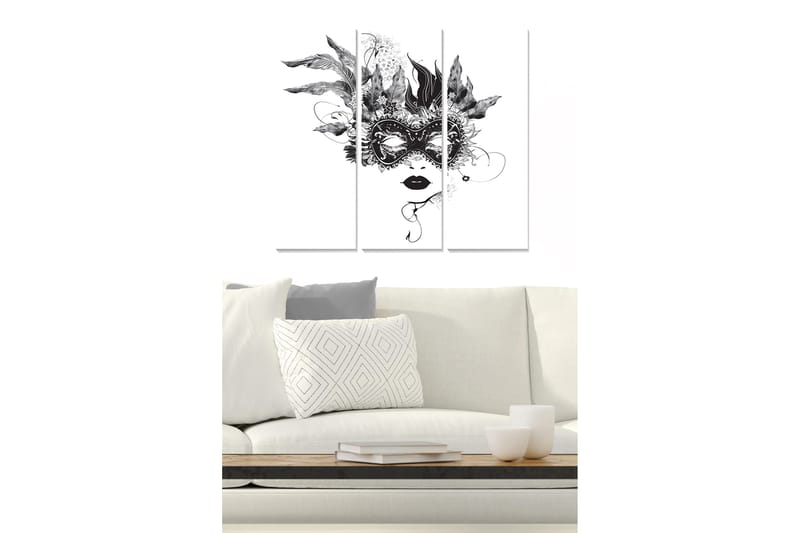 Trælærredstryk 3-delt 50x70 cm - Maskeret kvinde med fjer og detaljerede mønstre, Sort / Hvid