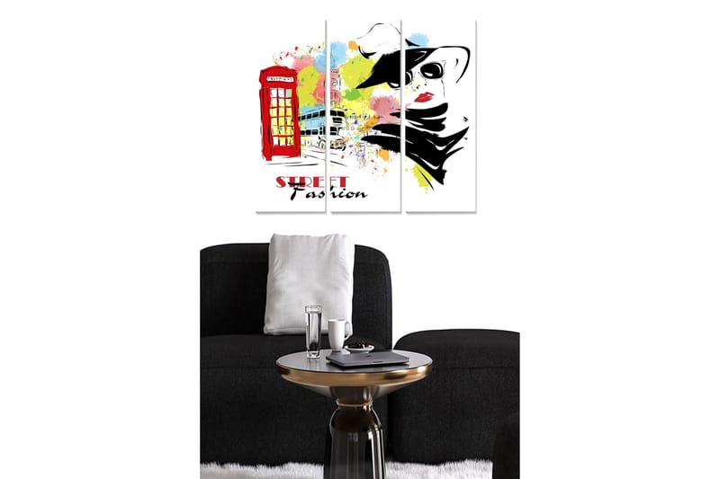 Trælærredstryk 3-delt 50x70 cm - Modeinspireret illustration med en kvinde i hat og en rød telefonboks, Rød / Sort / Gul