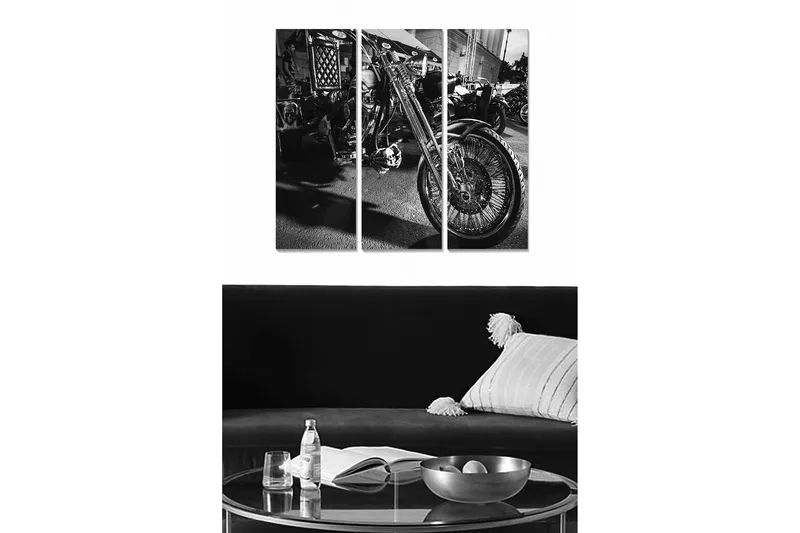 Trælærredstryk 3-delt 50x70 cm - Motorcykel i sort og hvid med detaljeret fælg og dæk, Sort / Hvid / Grå