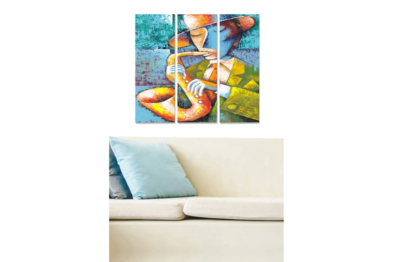 Trælærredstryk 3-delt 50x70 cm - Musiker spiller saxofon med farverig baggrund, Blå / Orange / Gul