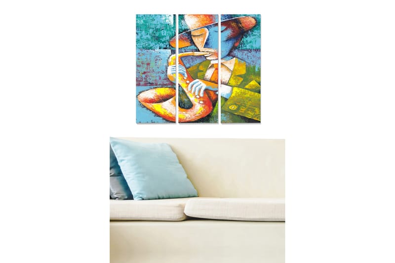 Trælærredstryk 3-delt 50x70 cm - Musiker spiller saxofon med farverig baggrund, Blå / Orange / Gul