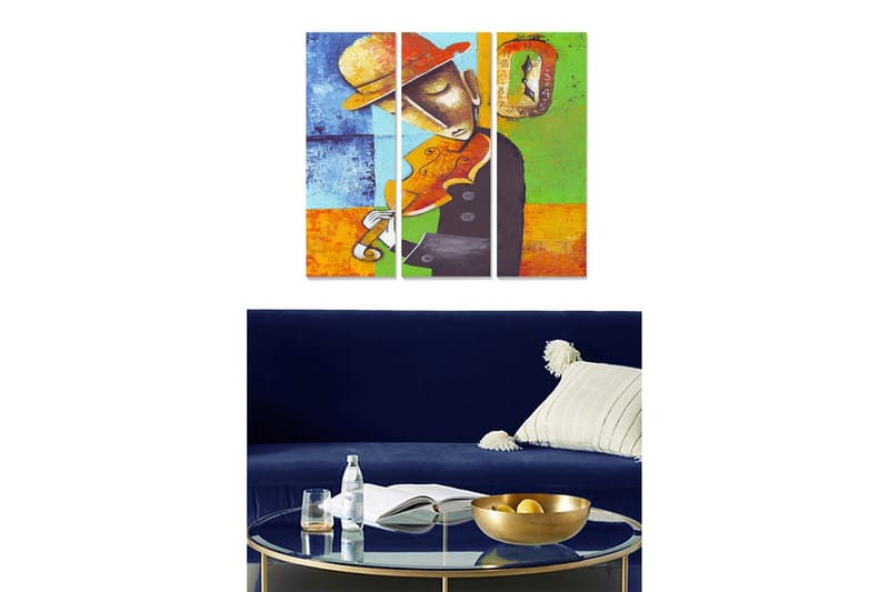 Tr ælærredstryk 3-delt 50x70 cm - Musiker spiller violin med en farverig baggrund, Blå / Orange / Grøn