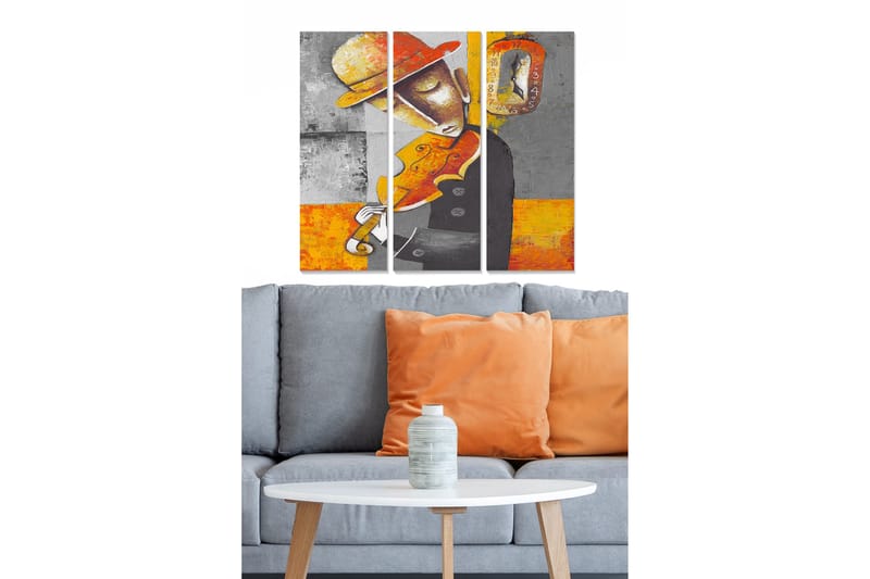 Trælærredstryk 3-delt 50x70 cm - Musiker spiller violin med en farverig hat, Orange / Grå / Sort
