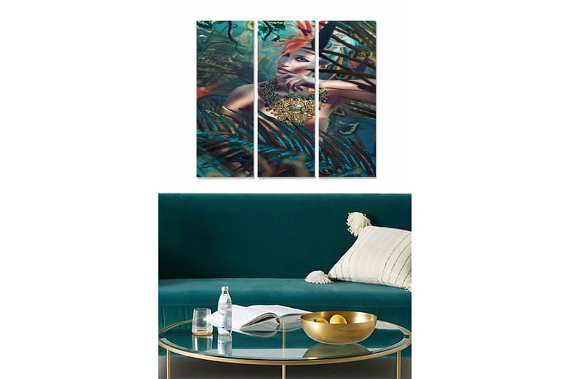 Trælærredstryk 3-delt 50x70 cm - Mystisk kvinde omgivet af tropiske planter, Mørkegrøn / Turkis / Rød
