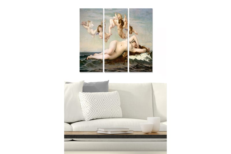 Trælærredstryk 3-delt 50x70 cm - Nøgen kvinde liggende på en skaldyrsklippe omgivet af engle, Hudtone / Havblå / Cremet hvid
