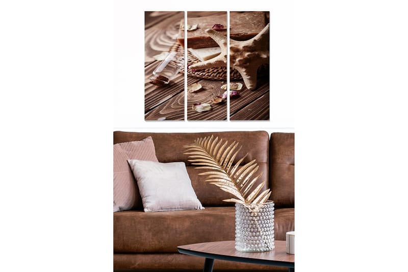 Trælærredstryk 3-delt 50x70 cm - Naturlig ro med fisk og skaldyr og duftende urter, Beige / Brun / Hvid