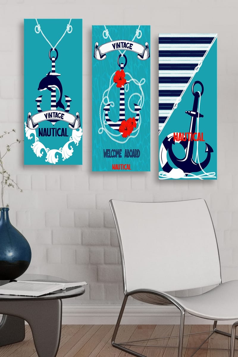Trælærredstryk 3-delt 50x70 cm - Nautisk komposition med anker og blomster - Turkis / Blå / Rød - Boligtilbehør - Billeder & kunst - Billeder på lærred