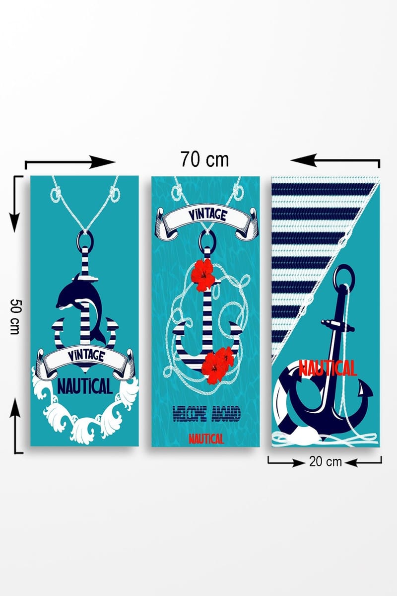 Trælærredstryk 3-delt 50x70 cm - Nautisk komposition med anker og blomster, Turkis / Blå / Rød