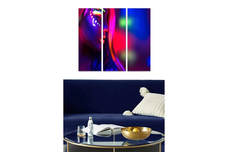 Trælærredstryk 3-delt 50x70 cm - Neonfarvet portræt af en kvinde med ansigtsmaling, Lilla / Lyserød / Grøn
