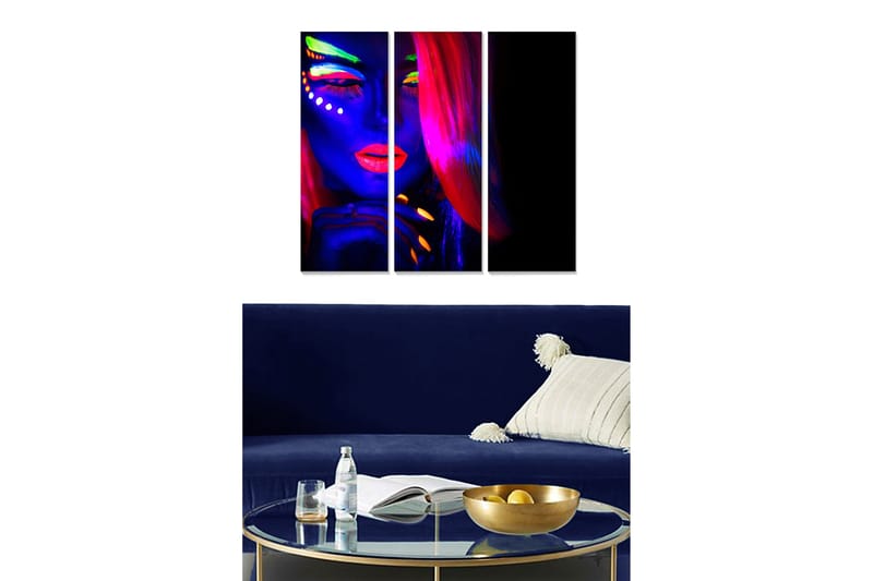 Trælærredstryk 3-delt 50x70 cm - Neonfarvet portræt af en kvinde med dramatisk makeup, Blå / Lyserød / Grøn
