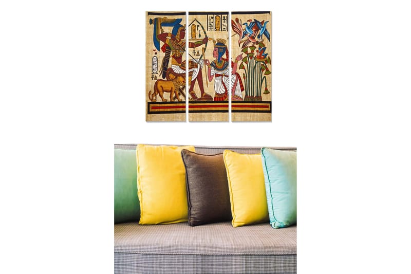 Trælærredstryk 3-delt 50x70 cm - Oldtidens egyptiske scene med guder og blomster, Rød / Blå / Gul