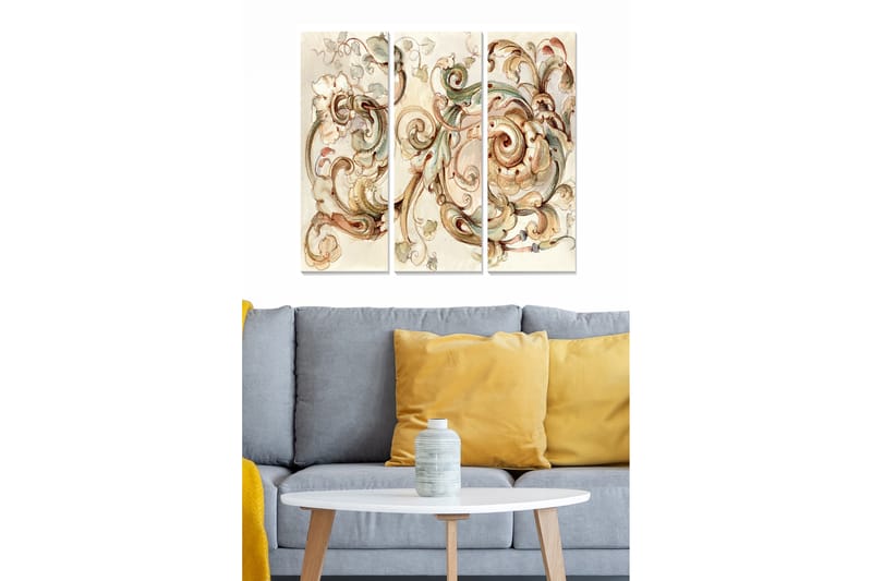 Trælærredstryk 3-delt 50x70 cm - Ornamental komposition med buede linjer og blomster - Beige / Grøn / Brun - Boligtilbehør - Billeder & kunst - Billeder på lærred