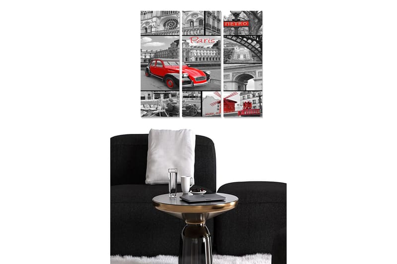Trælærredstryk 3-delt 50x70 cm - Rød bil i et sort-hvidt bybillede af Paris, Rød / Sort / Grå