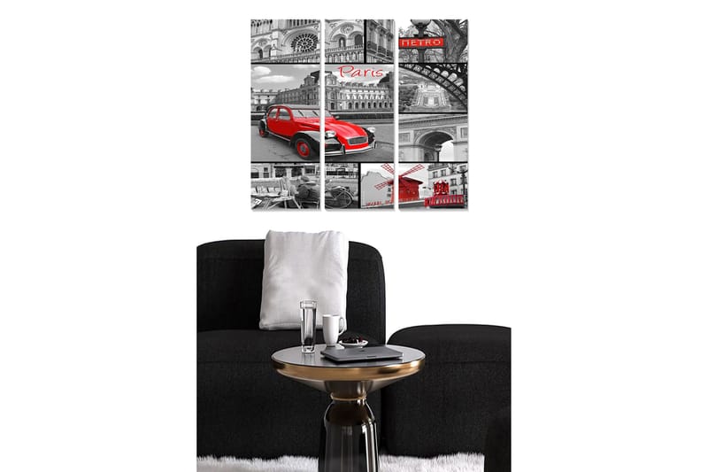 Trælærredstryk 3-delt 50x70 cm - Rød bil i et sort-hvidt bybillede af Paris, Rød / Sort / Grå