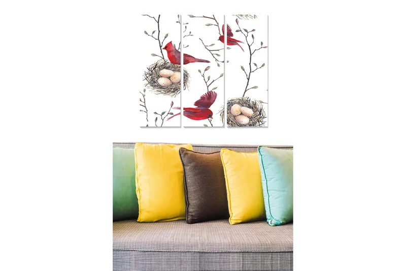 Trælærredstryk 3-delt 50x70 cm - Rød fugl på en gren med æg i reden, Rød / Beige / Grøn