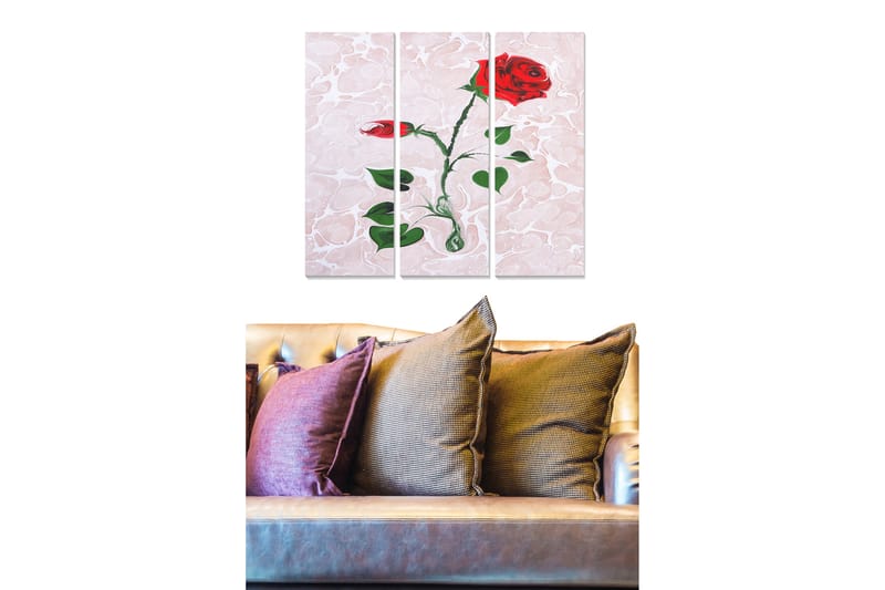 Trælærredstryk 3-delt 50x70 cm - Rød rose med grønne blade mod en lys baggrund - Rød / Grøn / Lys pink - Boligtilbehør - Billeder & kunst - Billeder på lærred