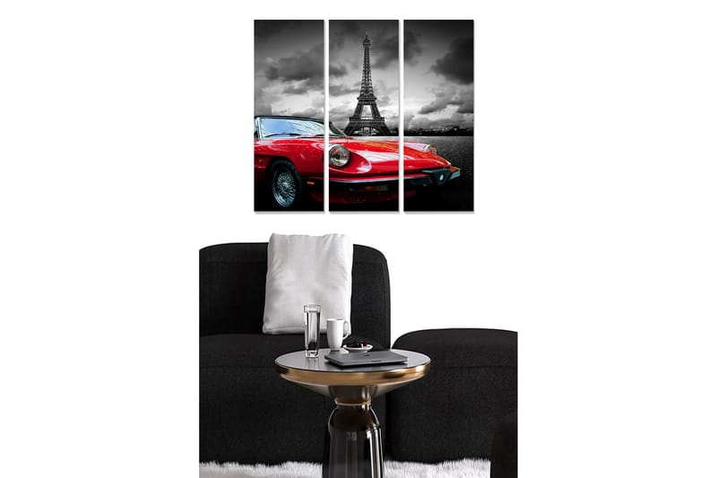 Trælærredstryk 3-delt 50x70 cm - Rød sportsvogn foran Eiffeltårnet i et dramatisk sort-hvidt miljø, Rød / Sort / Grå