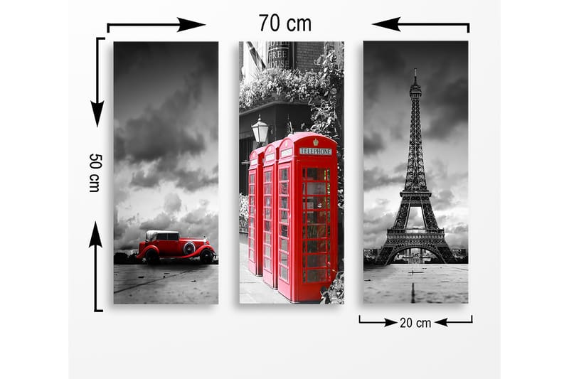 Trælærredstryk 3-delt 50x70 cm - Rød telefonboks med ikoniske vartegn i baggrunden - Rød / Sort / Grå - Boligtilbehør - Billeder & kunst - Billeder på lærred