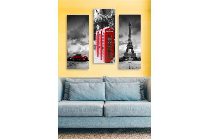 Trælærredstryk 3-delt 50x70 cm - Rød telefonboks med ikoniske vartegn i baggrunden, Rød / Sort / Grå