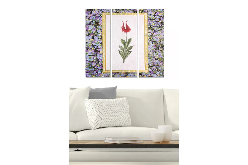 Trælærredstryk 3-delt 50x70 cm - Rød tulipan omgivet af lilla blomster, Rød / Lilla / Grøn