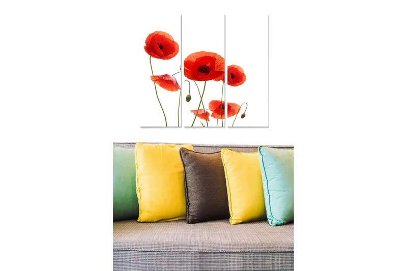 Trælærredstryk 3-delt 50x70 cm - Rød valmue i en stilfuld komposition, Rød / Grøn