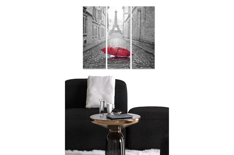 Trælærredstryk 3-delt 50x70 cm - Rød paraply på en regnfuld gade med Eiffeltårnet i baggrunden, Rød / Grå