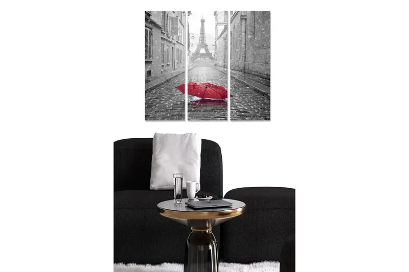 Trælærredstryk 3-delt 50x70 cm - Rød paraply på en regnfuld gade med Eiffeltårnet i baggrunden, Rød / Grå