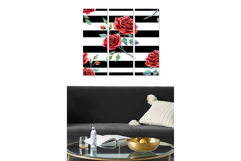 Trælærredstryk 3-delt 50x70 cm - Røde roser mod sorte og hvide striber, Rød / Grøn / Sort
