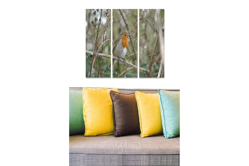 Trælærredstryk 3-delt 50x70 cm - Rødhals på en gren omgivet af grønt, Grøn / Orange / Brun