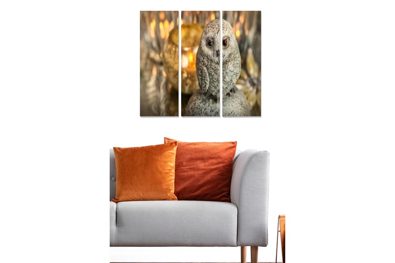 Trælærredstryk 3-delt 50x70 cm - Realistisk ugle i grå nuancer - Grå / Beige / Brun - Boligtilbehør - Billeder & kunst - Billeder på lærred