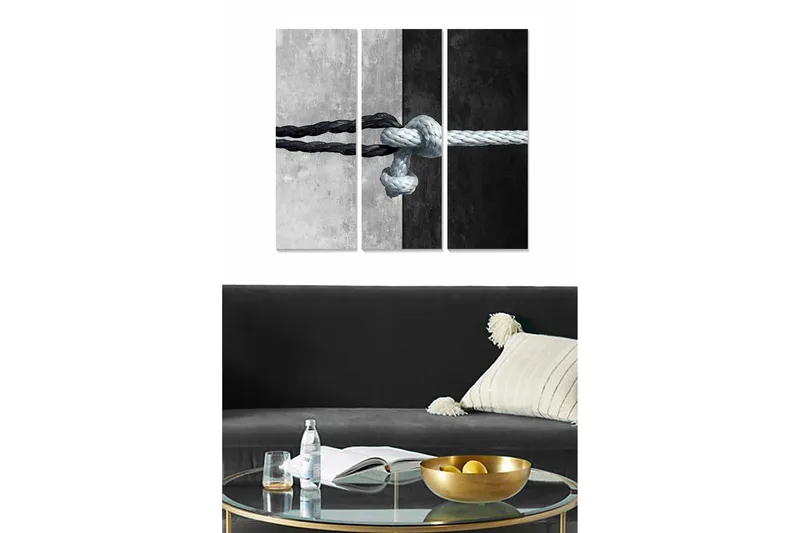 Trælærredstryk 3-delt 50x70 cm - Rebknude i kontrasterende sort og hvid, Sort / Hvid / Grå