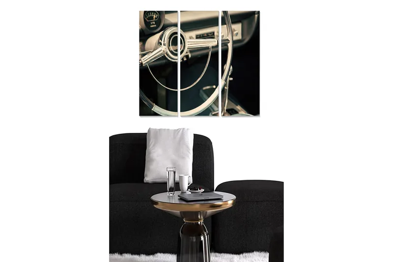 Trælærredstryk 3-delt 50x70 cm - Retro bilinteriør med fokus på rat og instrumentbræt, Sølv / Sort / Grå