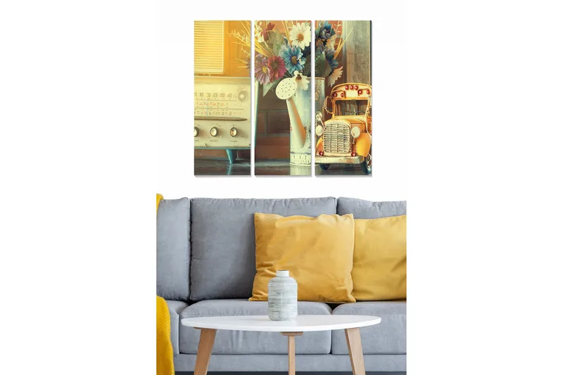 Trælærredstryk 3-delt 50x70 cm - Retroinspireret komposition med en gammel radio, blomster og en legetøjsbil, Gul / Beige / Grøn
