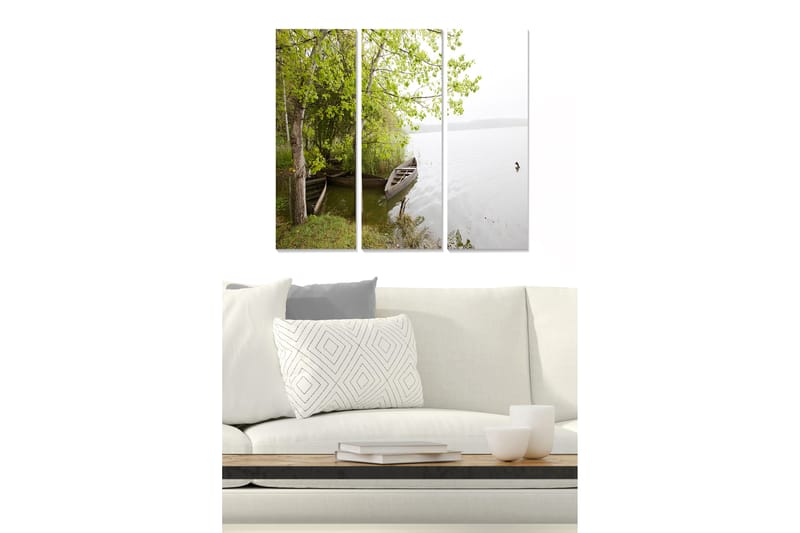 Trælærredstryk 3-delt 50x70 cm - Ro ved søen med både og frodige træer - Grøn / Brun / Grå - Boligtilbehør - Billeder & kunst - Billeder på lærred