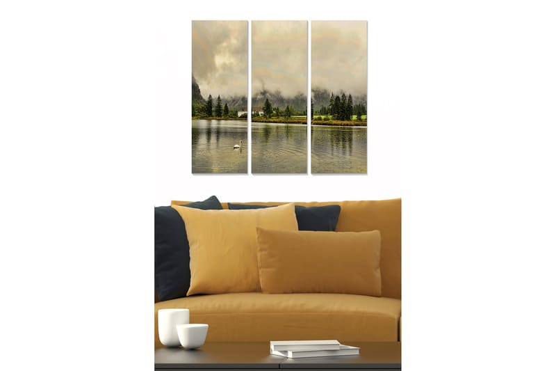 Trælærredstryk 3-delt 50x70 cm - Ro ved søen med reflekterende vandflader og omgivende træer, Grøn / Beige / Grå
