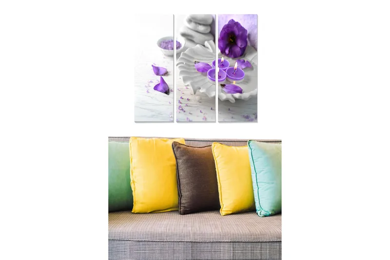 Trælærredstryk 3-delt 50x70 cm - Rolig og harmonisk komposition med lilla blomster og duftlys, Lilla / Hvid