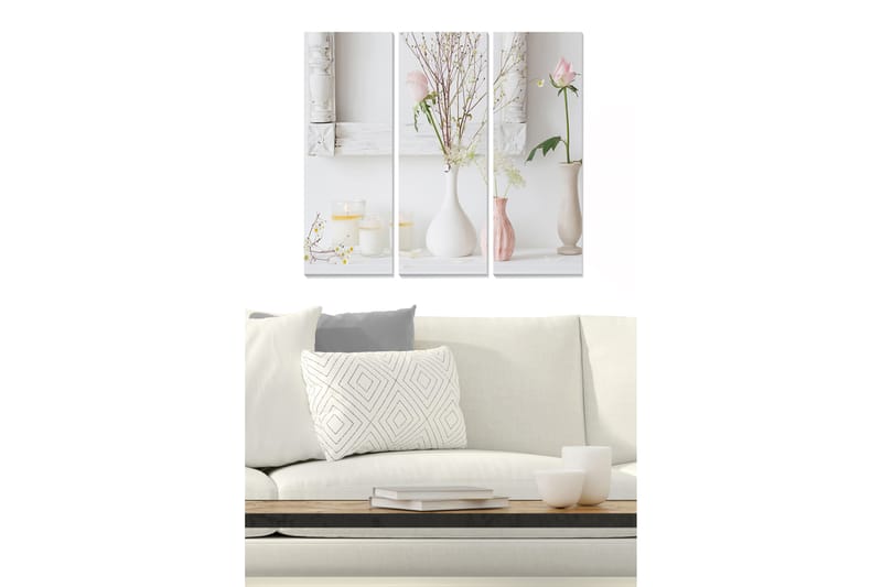 Trælærredstryk 3-delt 50x70 cm - Rolig stilhed med blomster og stearinlys i vaser, Lyserød / Hvid / Beige