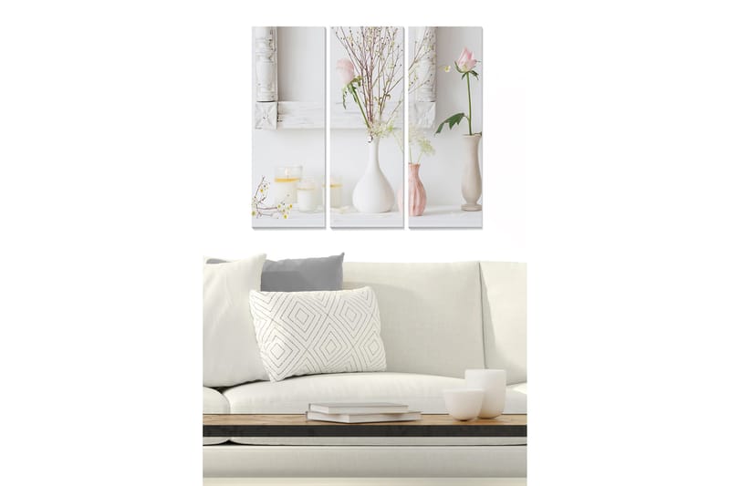 Trælærredstryk 3-delt 50x70 cm - Rolig stilhed med blomster og stearinlys i vaser, Lyserød / Hvid / Beige