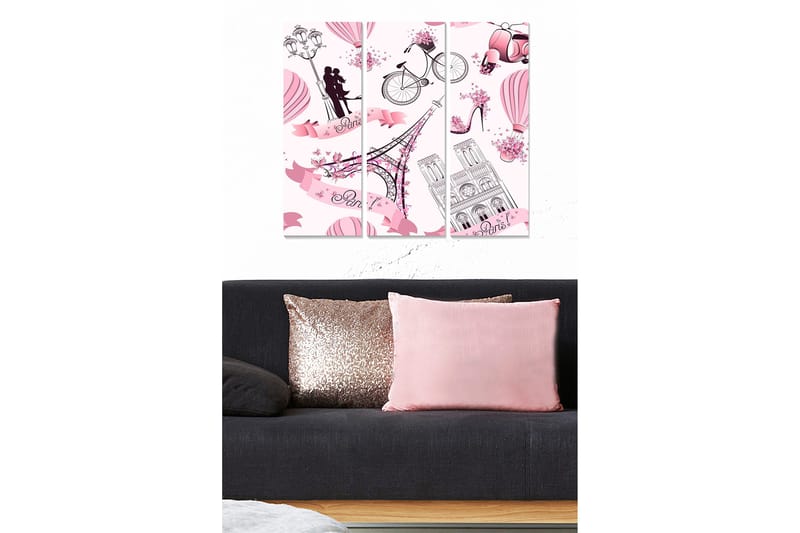 Trælærredstryk 3-delt 50x70 cm - Romantisk bybillede med Paris-motiv og elskende par, Lyserød / Sort / Hvid