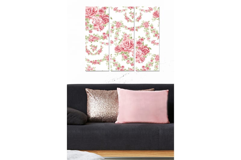 Trælærredstryk 3-delt 50x70 cm - Romantisk komposition af roser i pastelfarver, Lyserød / Grøn