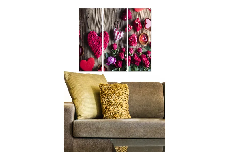 Trælærredstryk 3-delt 50x70 cm - Romantisk komposition med hjerter og roser, Rød / Pink / Grøn