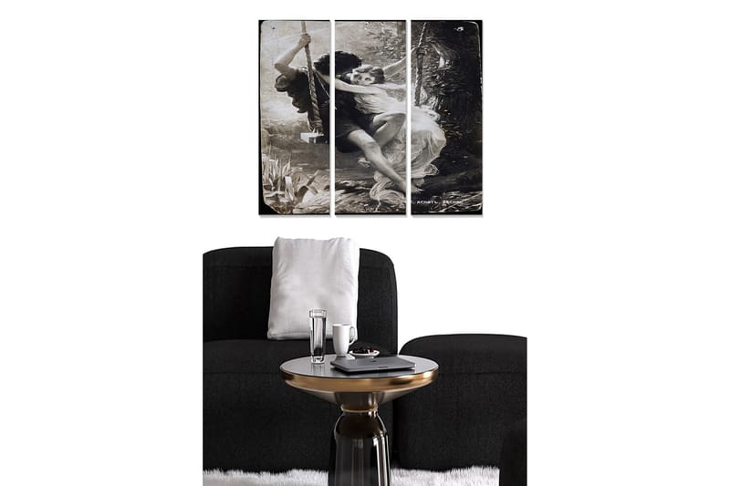 Trælærredstryk 3-delt 50x70 cm - Romantisk scene med to personer, der gynger sammen i et frodigt miljø, Sort / Hvid / Grå