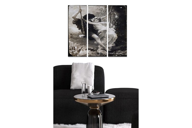 Trælærredstryk 3-delt 50x70 cm - Romantisk scene med to personer, der gynger sammen i et frodigt miljø, Sort / Hvid / Grå