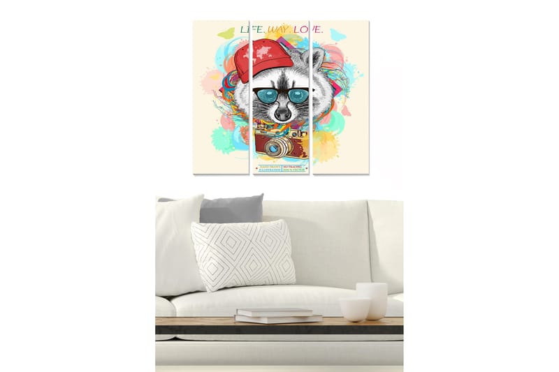 Trælærredstryk 3-delt 50x70 cm - Rotte med solbriller og rød kasket omgivet af farverige mønstre, Rød / Blå / Gul