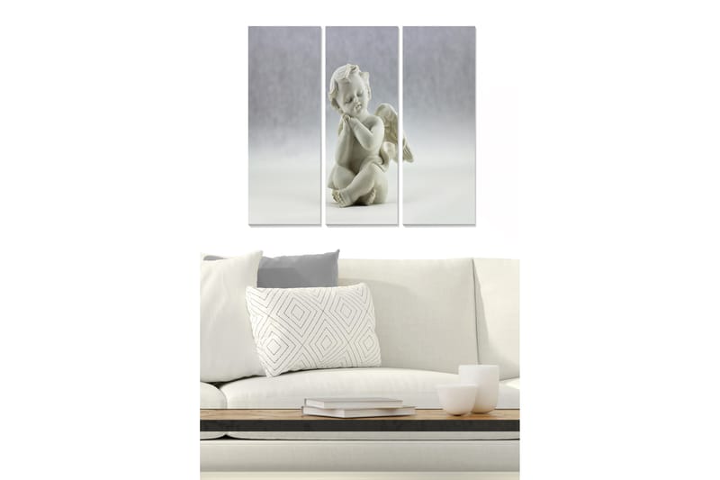 Trælærredstryk 3-delt 50x70 cm - Sød engel i en drømmende positur, Hvid / Lysegrå