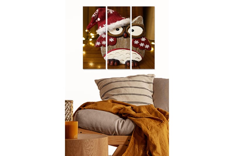 Trælærredstryk 3-delt 50x70 cm - Sød ugle i julehue med snefnug, Rød / Brun / Hvid