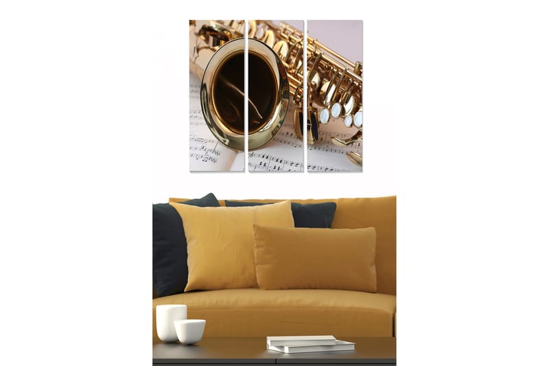 Trælærredstryk 3-delt 50x70 cm - Saxofon med noder i baggrunden, Guld / Hvid / Sort
