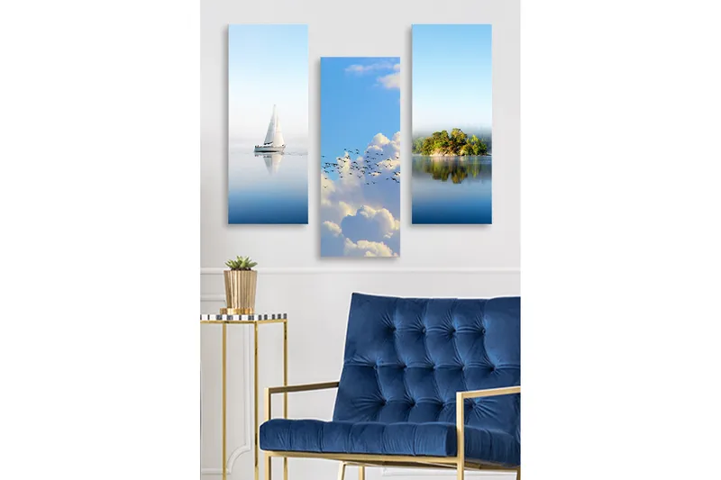 Trælærredstryk 3-delt 50x70 cm - Sejlbåd på spejlblanke vandoverflader, Blå / Hvid / Grøn