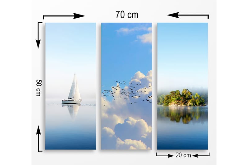 Trælærredstryk 3-delt 50x70 cm - Sejlbåd på spejlblanke vandoverflader - Blå / Hvid / Grøn - Boligtilbehør - Billeder & kunst - Billeder på lærred