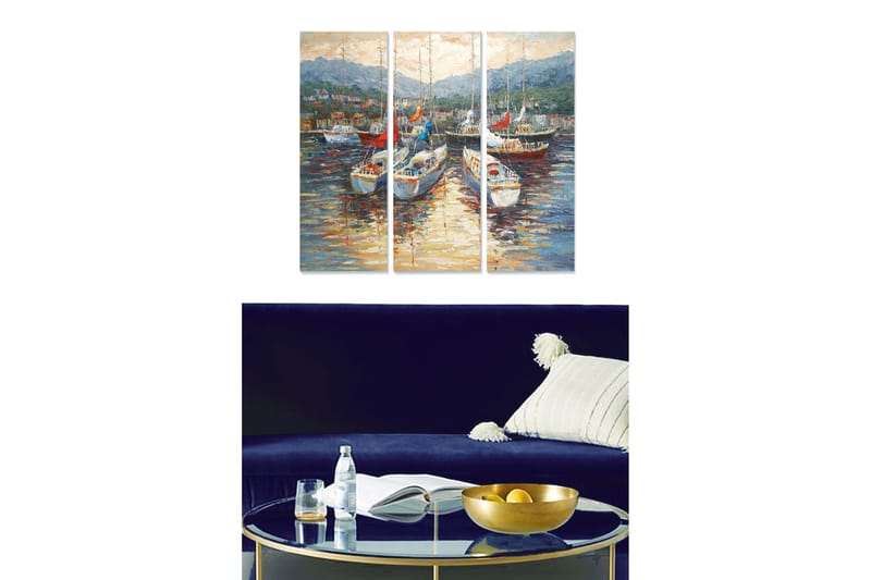 Trælærredstryk 3-delt 50x70 cm - Sejlbåde i en havn med refleksioner i vandet, Blå / Hvid / Rød
